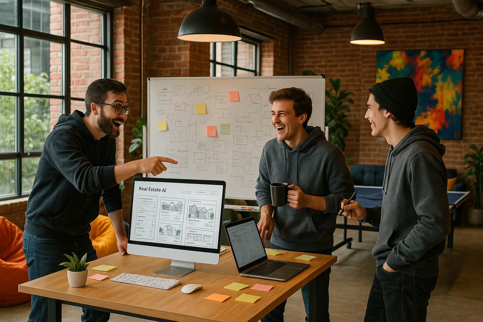 less corporate and more of start up vibes, people having fun exploring new ideas, collaboration, maybe 3 people maximum, in a cool silicone valley type office